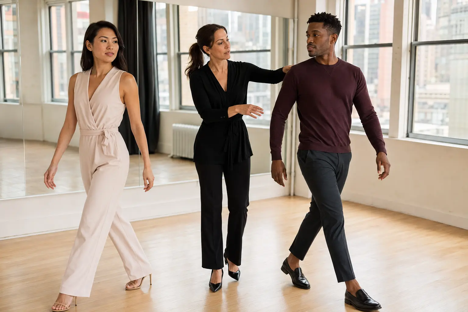 Adults practicing runway movement with an instructor